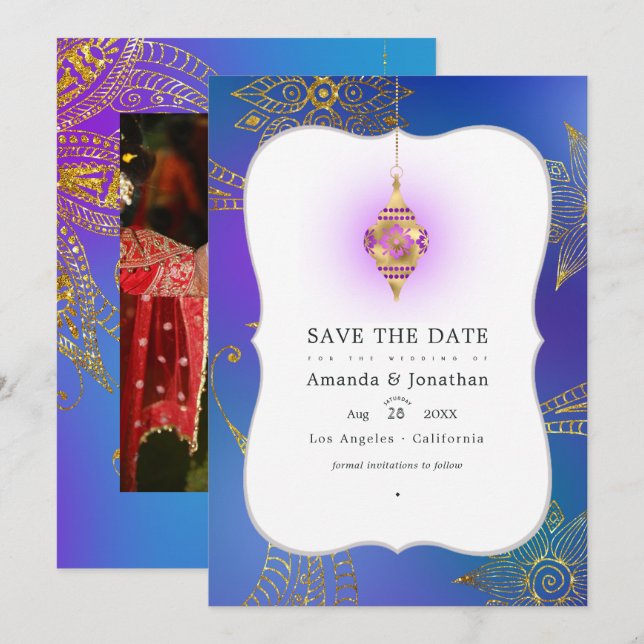 Gold Foil Arabian Bollywood Wedding Photo Save The Date (Front/Back)