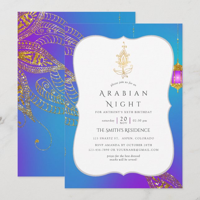 Gold Foil Arabian Nights Themed Party Invitation (Front/Back)