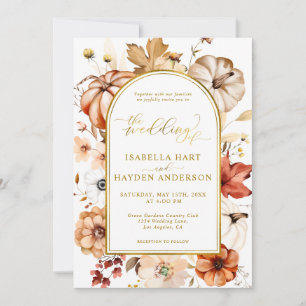 Gold Foil Arch Fall Floral Pumpkin Rust Wedding Invitation
