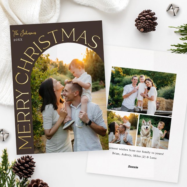 Gold Foil Arch Merry Christmas Photo Brown Foil Holiday Card (Creator Uploaded)