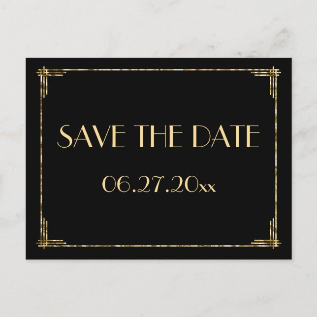Gold Foil Art Deco Save The Date Postcards (Front)