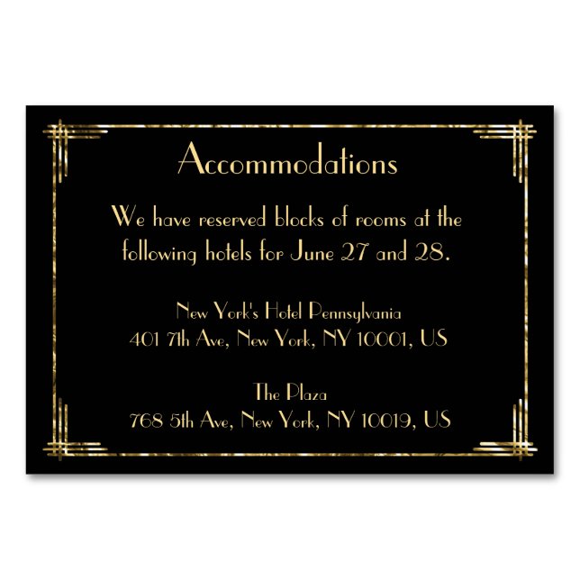 Gold Foil Art Deco Wedding Accommodation Table Number (Front)
