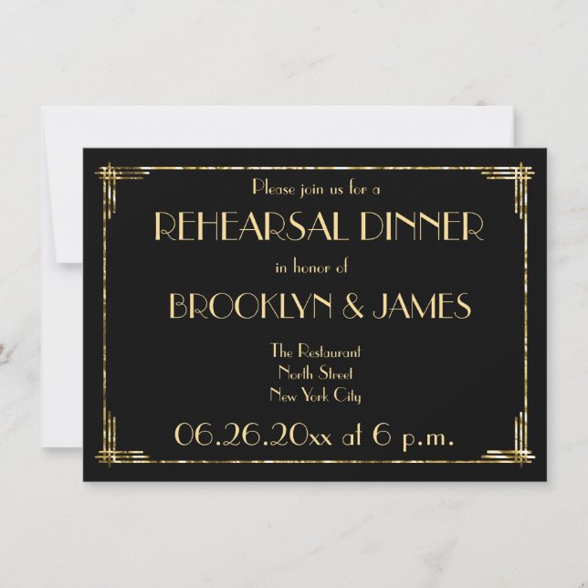 Gold Foil Art Deco Wedding Rehearsal Invites Black (Front)