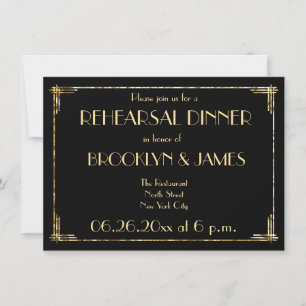 Gold Foil Art Deco Wedding Rehearsal Invites Black