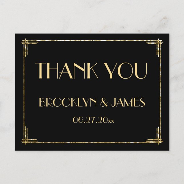 Gold Foil Art Deco Wedding Thank You Black Postcard (Front)