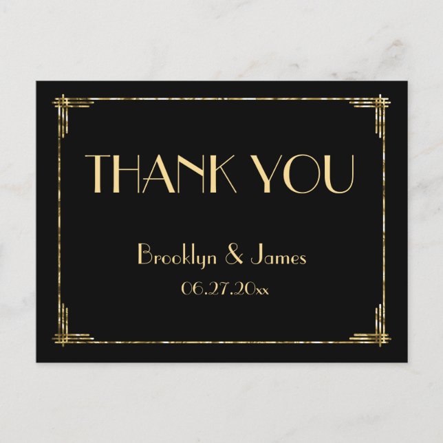 Gold Foil Art Deco Wedding Thank You Postcards (Front)