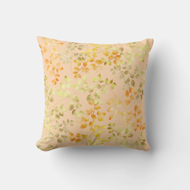 Gold Foil Autumn Fall Orange Brown Green Leaves Cushion (Front)