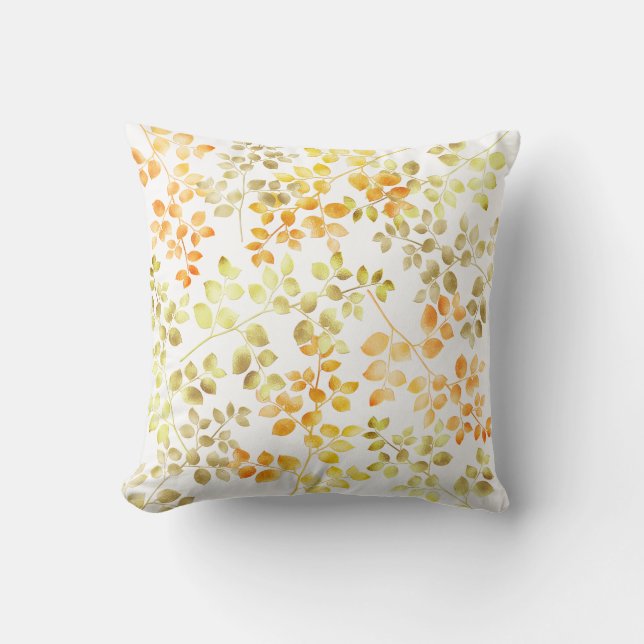Gold Foil Autumn Fall Orange Brown Green Leaves Cushion (Front)