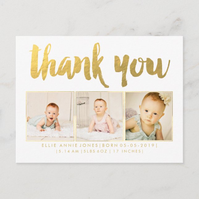 Gold Foil Baby Thank You Photo Frame Postcard (Front)