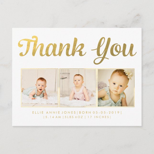 Gold Foil Baby Thank You Photo Frame Postcard (Front)