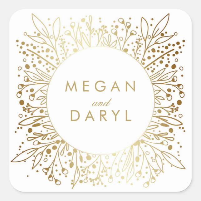 Gold Foil Baby's Breath Floral Wedding Square Sticker (Front)