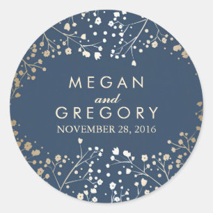 Gold Foil Baby's Breath Navy Wedding Classic Round Sticker