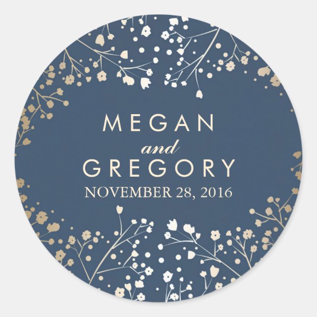 Gold Foil Baby's Breath Navy Wedding Classic Round Sticker (Front)