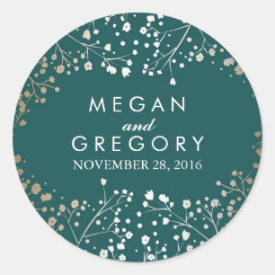 Gold Foil Baby's Breath Teal Wedding Classic Round Sticker