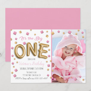 Gold Foil Ballon 1st Birthday Photo Invitation