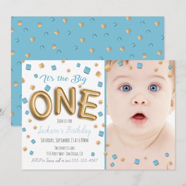 Gold Foil Ballon 1st Birthday Photo Invitation (Front/Back)