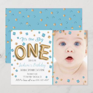 Gold Foil Ballon 1st Birthday Photo Invitation