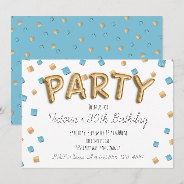 Gold Foil Ballon Letters Party Invitations (Front/Back)