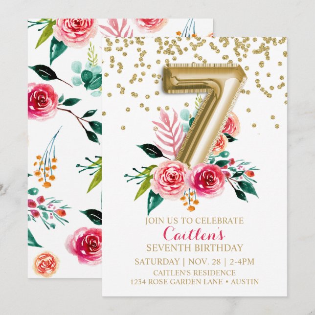 Gold Foil Balloon 7th Birthday Floral Wild Flowers Invitation (Front/Back)