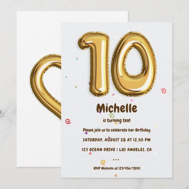 Gold Foil Balloon and Confetti 10th Birthday Party Invitation (Front/Back)