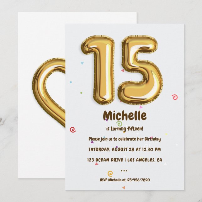 Gold Foil Balloon and Confetti 15th Birthday Party Invitation (Front/Back)