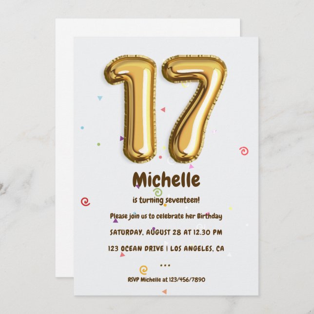 Gold Foil Balloon and Confetti 17th Birthday Party Invitation (Front/Back)