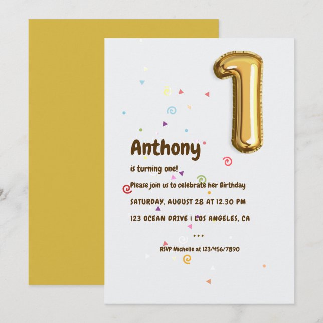 Gold Foil Balloon and Confetti 1st Birthday Invitation (Front/Back)