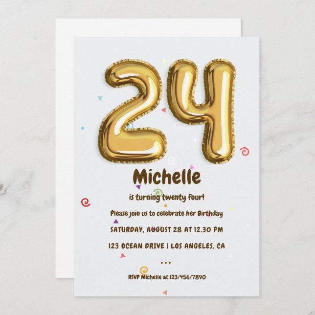 Gold Foil Balloon and Confetti 24th Birthday Party Invitation (Front/Back)