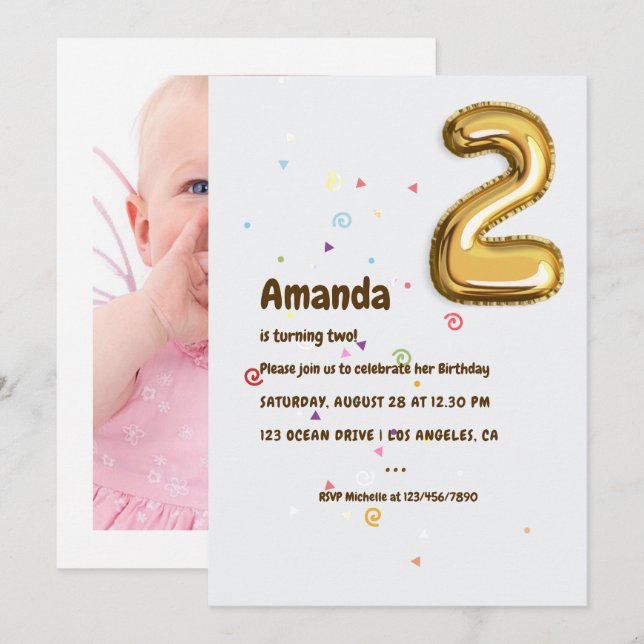 Gold Foil Balloon and Confetti 2nd Birthday Photo Invitation (Front/Back)