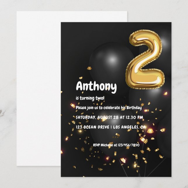Gold Foil Balloon and Confetti 2nd Birthday Photo  Invitation (Front/Back)