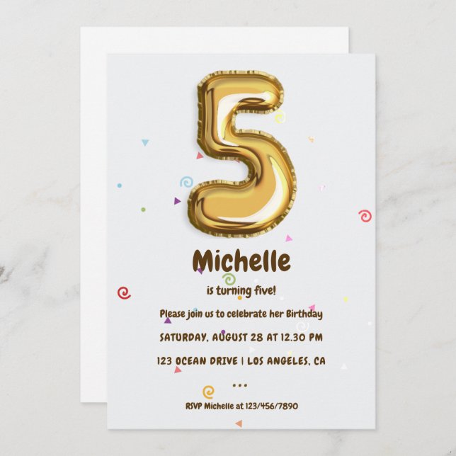 Gold Foil Balloon and Confetti 5th Birthday Party Invitation (Front/Back)