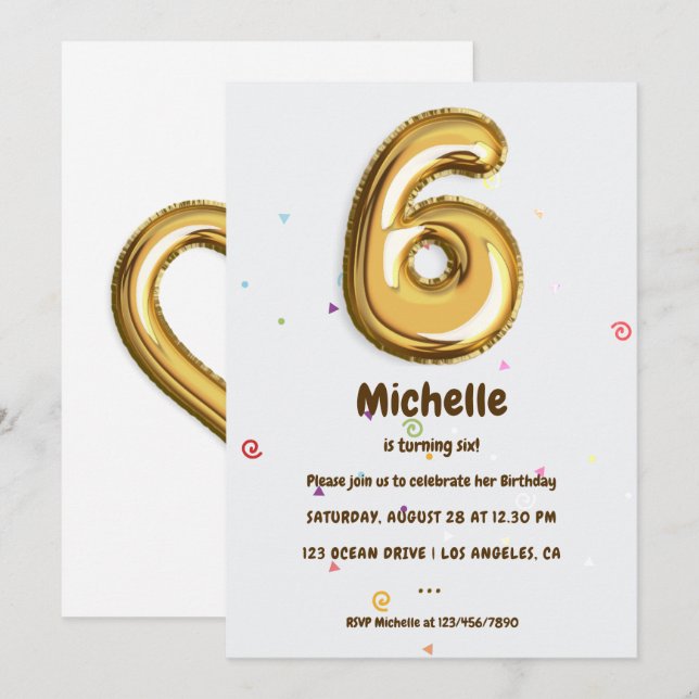 Gold Foil Balloon and Confetti 6th Birthday Party Invitation (Front/Back)