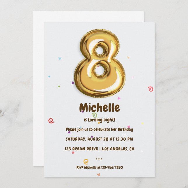 Gold Foil Balloon and Confetti 8th Birthday Party Invitation (Front/Back)