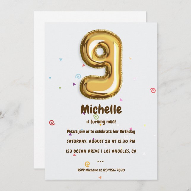 Gold Foil Balloon and Confetti 9th Birthday Party Invitation (Front/Back)