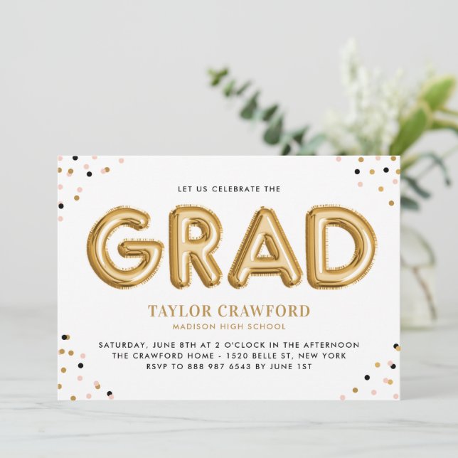 Gold Foil Balloon Confetti Dots Graduation Party Invitation (Standing Front)