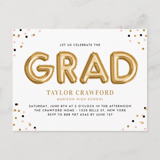 Gold Foil Balloon Confetti Dots Graduation Party Invitation Postcard (Front)