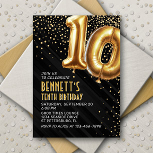 Gold Foil Balloons 10th Birthday Invitation