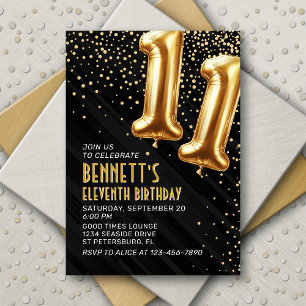 Gold Foil Balloons 11th Birthday Invitation