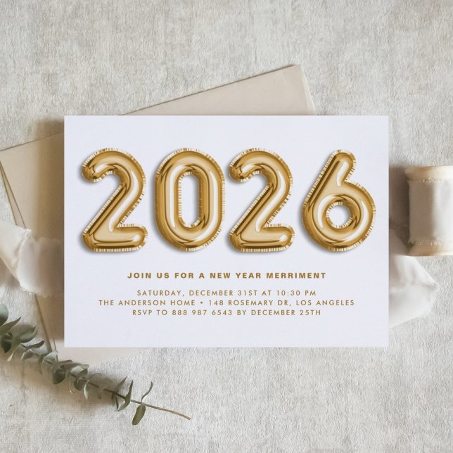Gold Foil Balloons 2024 New Year's Eve Party Invitation (Customizable 2026 New Year party invitation featuring gold foil mylar balloons.)