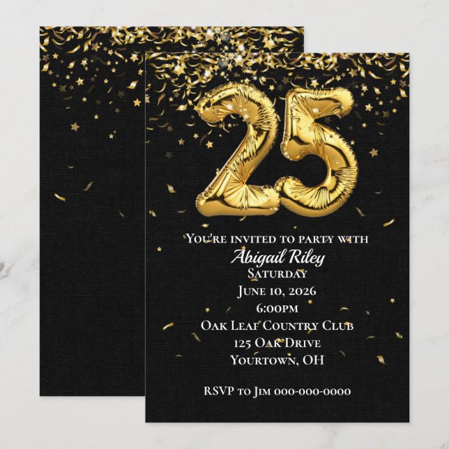 Gold Foil Balloons 25th Birthday Party Invitation (Front/Back)