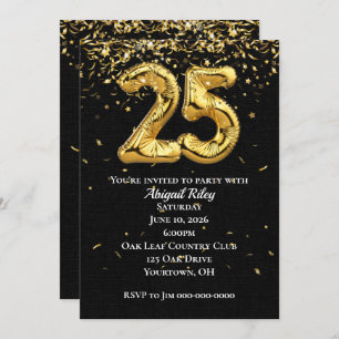 Gold Foil Balloons 25th Birthday Party Invitation