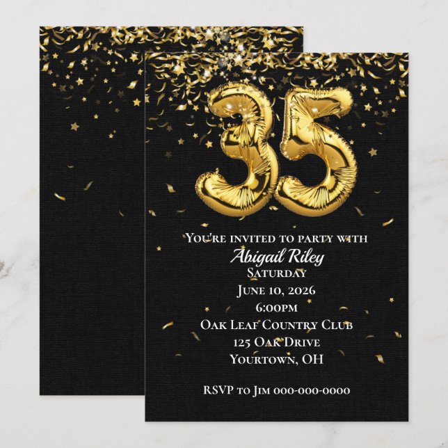 Gold Foil Balloons 35th Birthday Party Invitation (Front/Back)