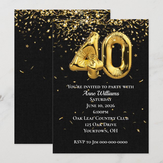 Gold Foil Balloons 40th Birthday Party Invitation (Front/Back)