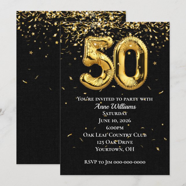 Gold Foil Balloons 50th Birthday Party Invitation (Front/Back)
