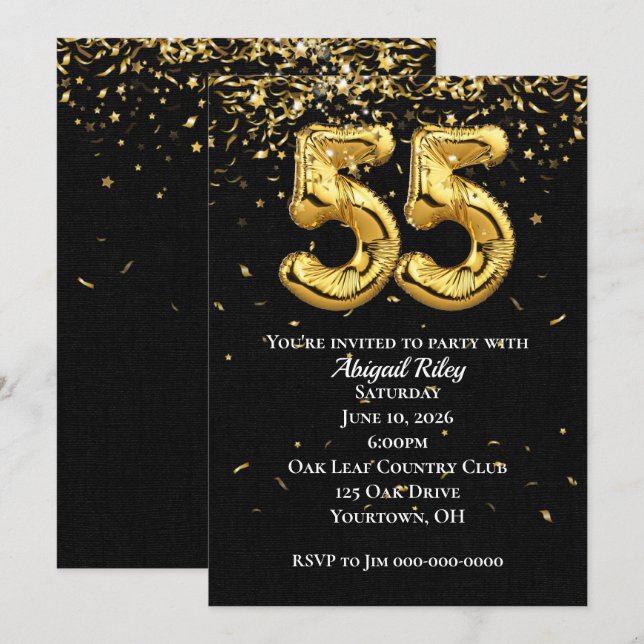 Gold Foil Balloons 55th Birthday Party Invitation (Front/Back)