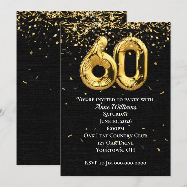 Gold Foil Balloons 60th Birthday Party Invitation (Front/Back)