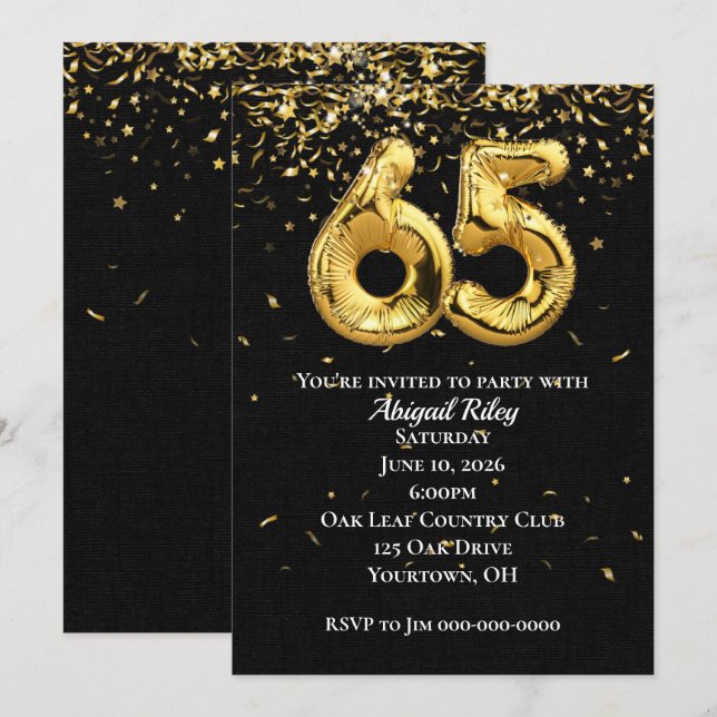 Gold Foil Balloons 65th Birthday Party Invitation (Front/Back)