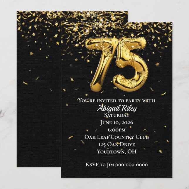 Gold Foil Balloons 75th Birthday Party Invitation (Front/Back)