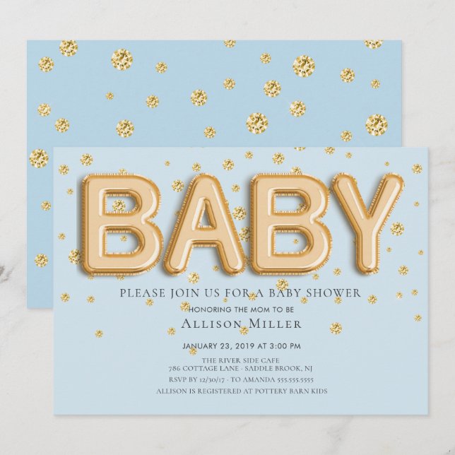 Gold Foil Balloons Boys Baby Shower Invitation (Front/Back)