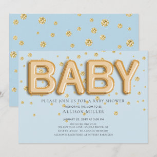 Gold Foil Balloons Boys Baby Shower Invitation